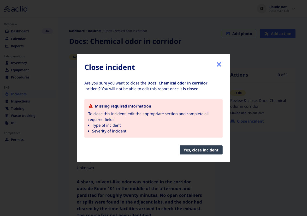 Close incident dialog showing Missing required information
