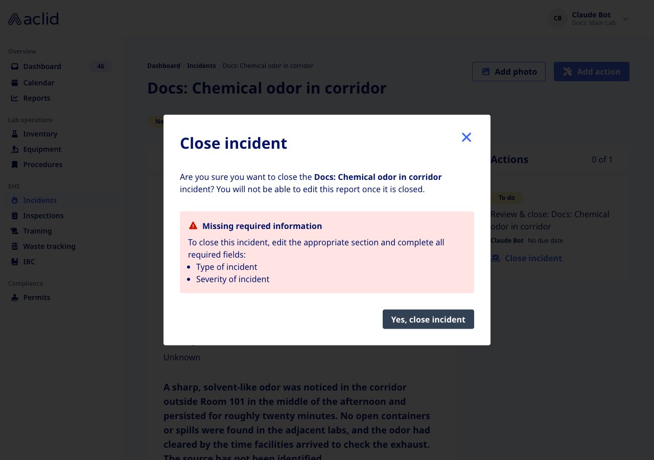 Close incident dialog showing Missing required information