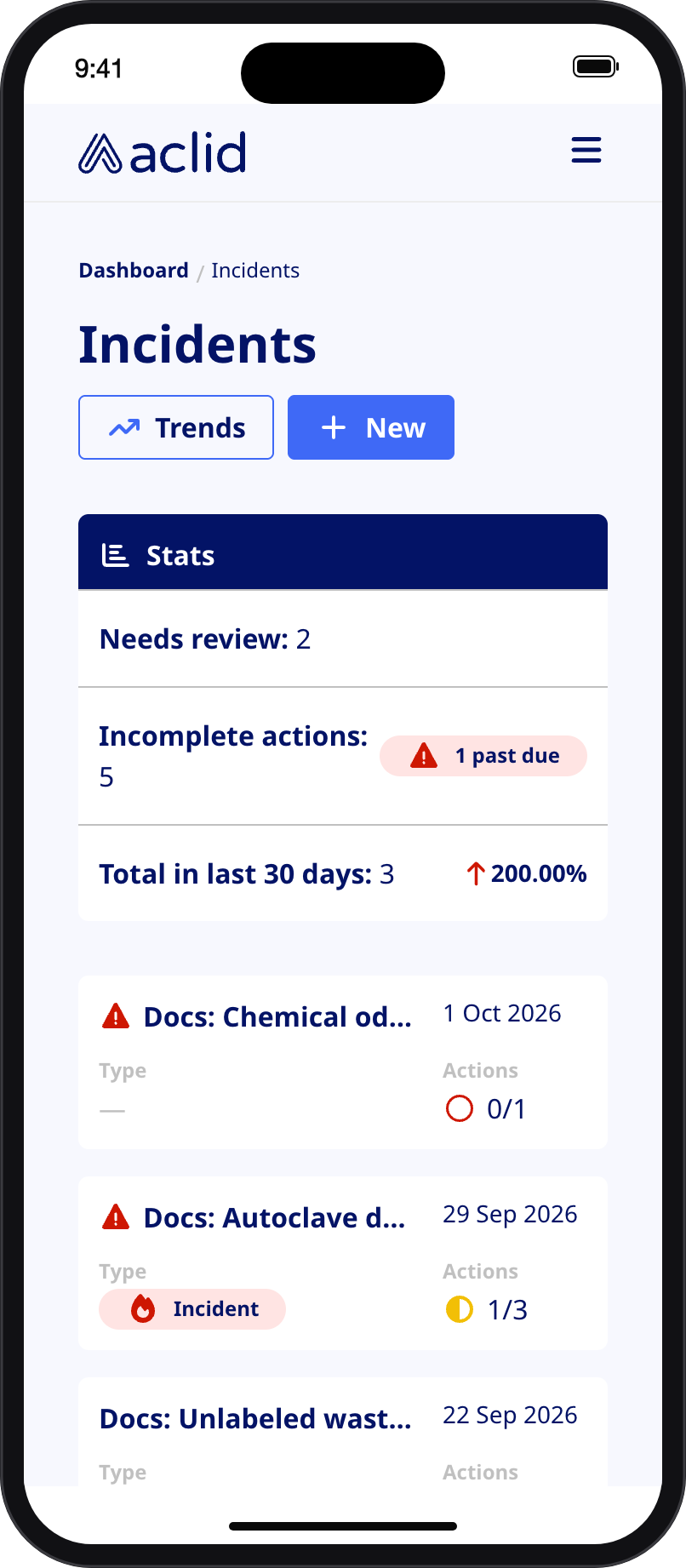 Incidents list on a narrow screen