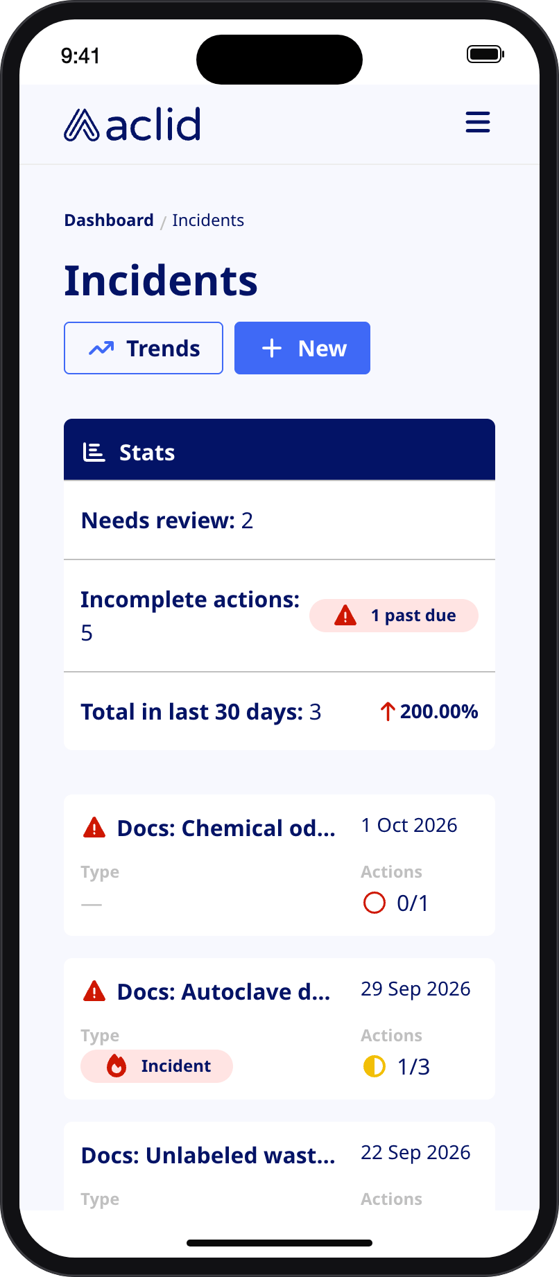 Incidents list on a narrow screen