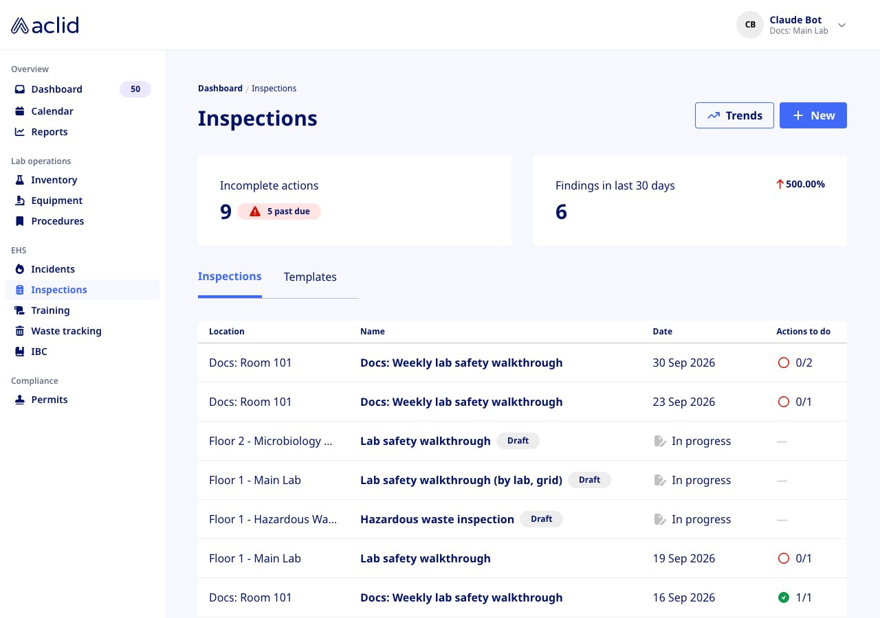 Inspections list with the Incomplete actions and Findings in last 30 days tiles