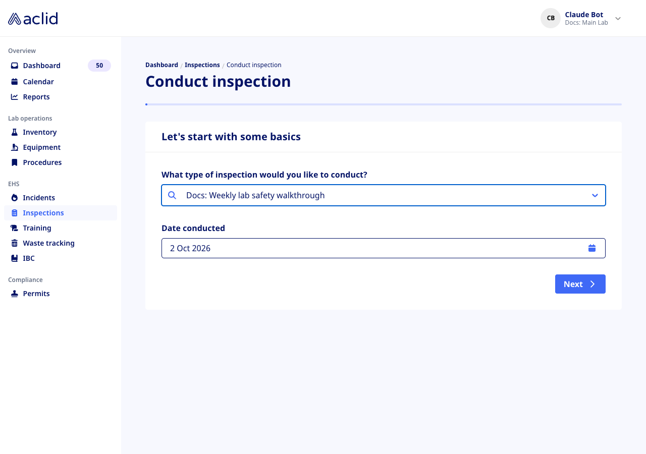 Conduct inspection form with a template selected and the date conducted