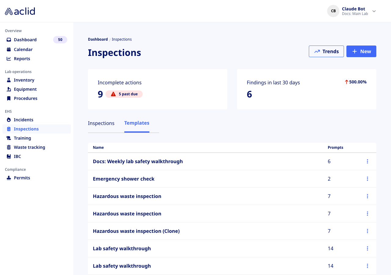 Templates tab listing templates with their number of prompts