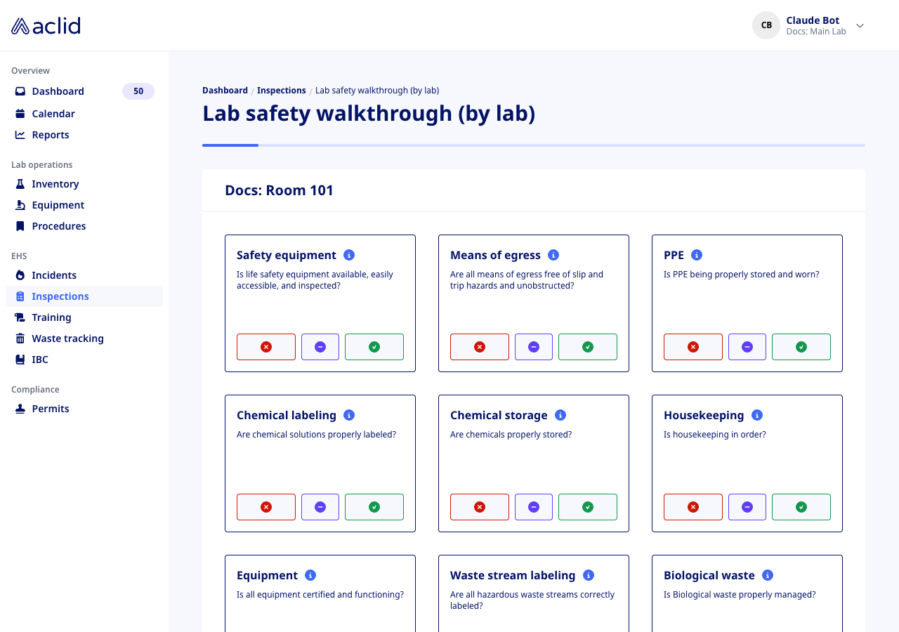 Grid inspection with one tile per prompt and three answer buttons on each