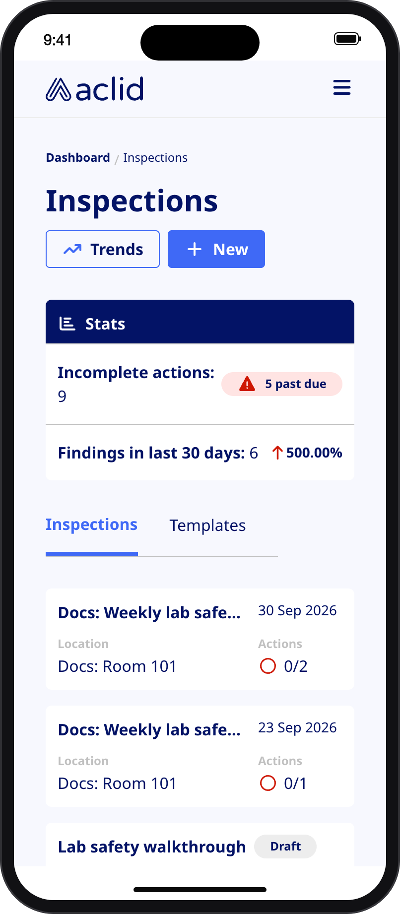 Inspections list on a narrow screen with the Stats card