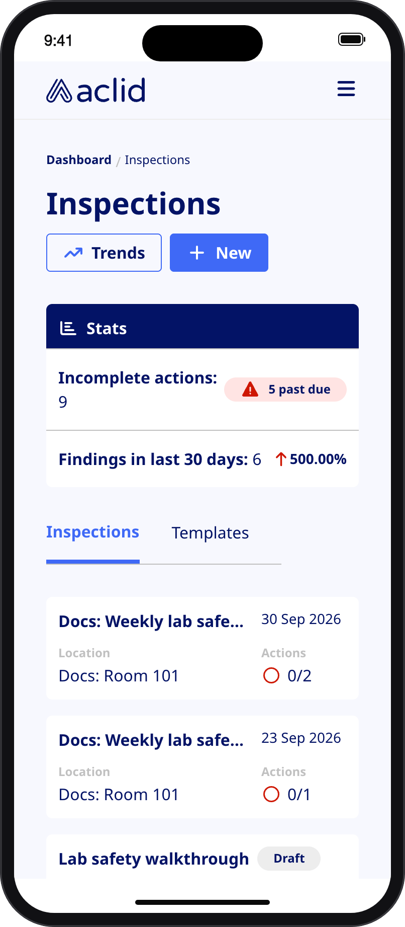 Inspections list on a narrow screen with the Stats card