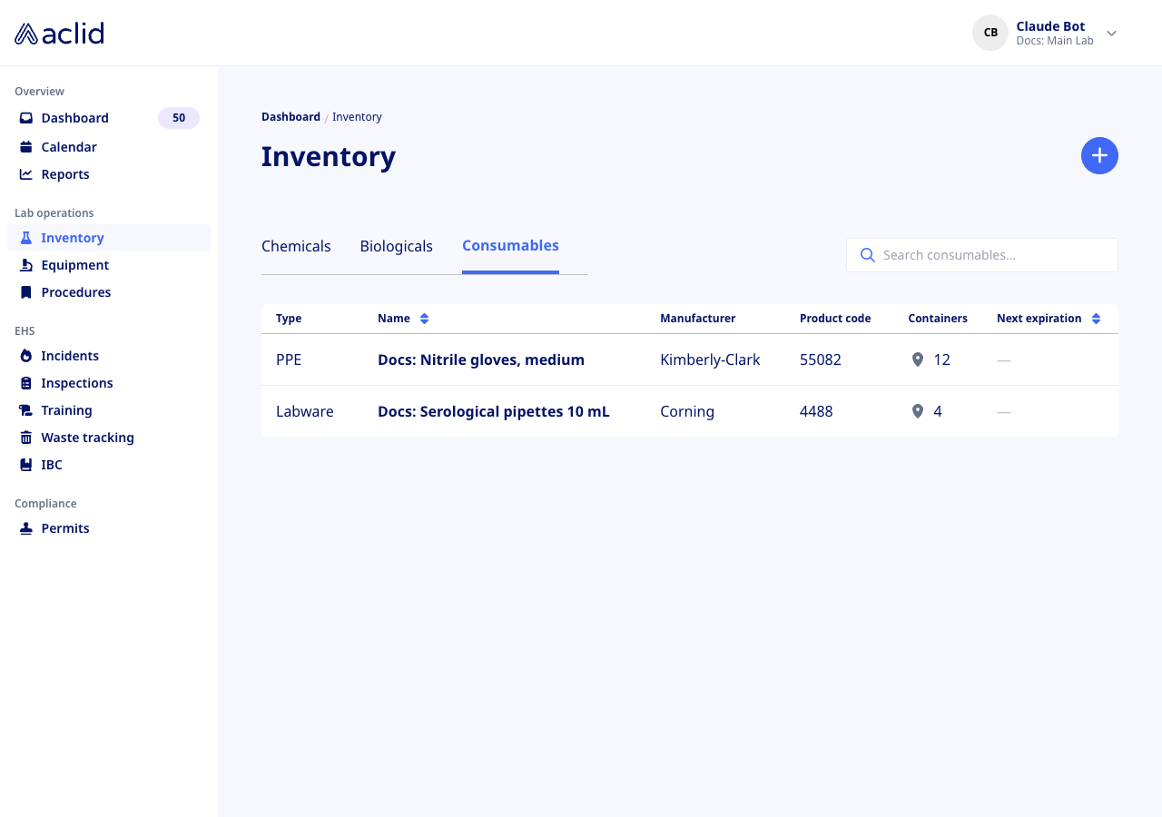 Consumables tab with two consumables
