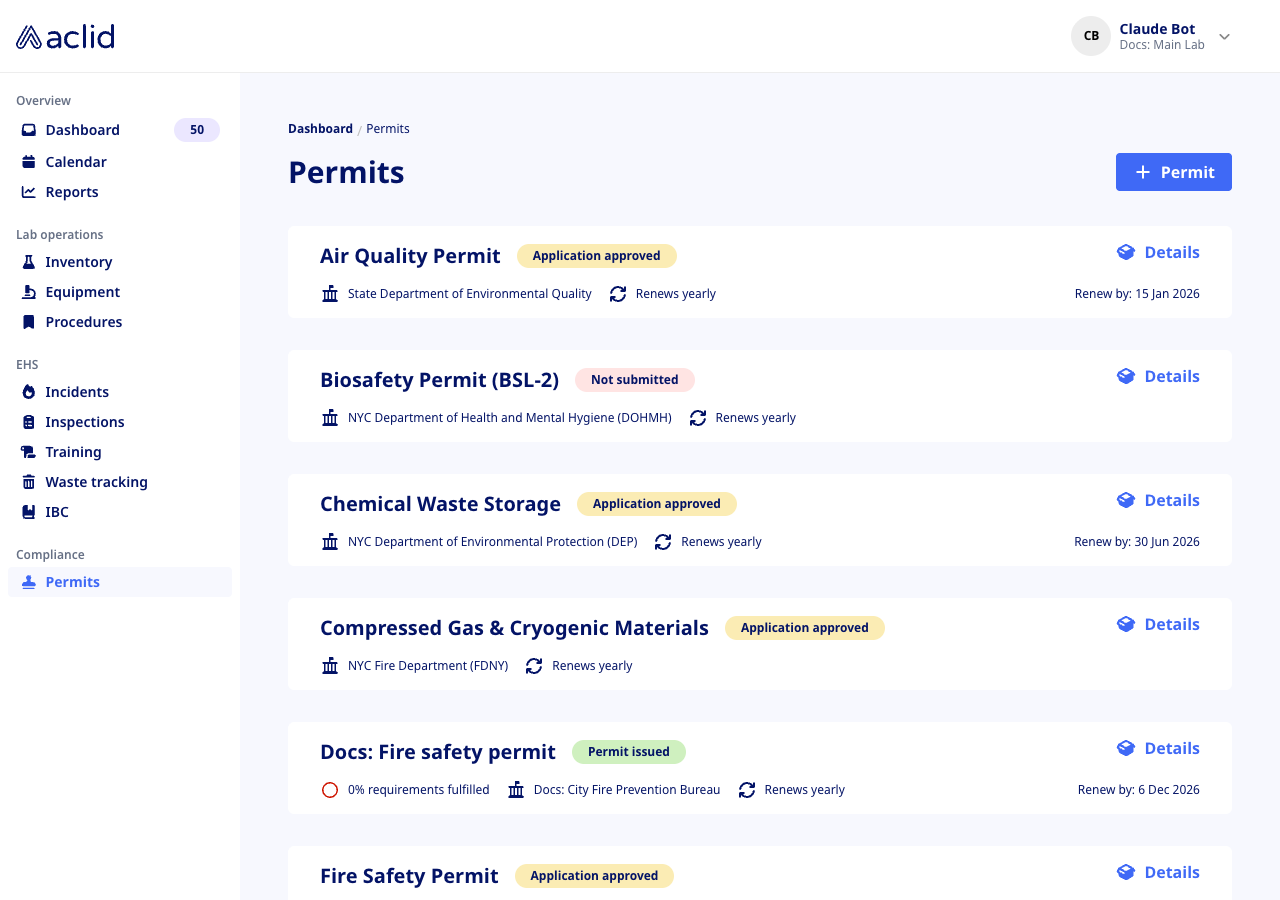 Permits list showing one card per permit cycle with status badges