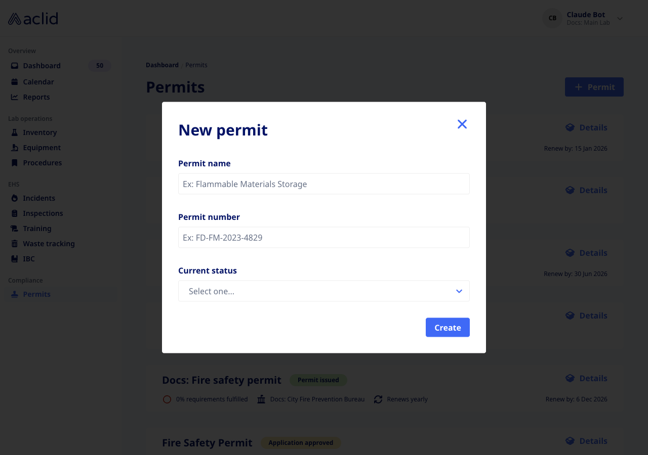 New permit dialog with Permit name, Permit number and Current status fields