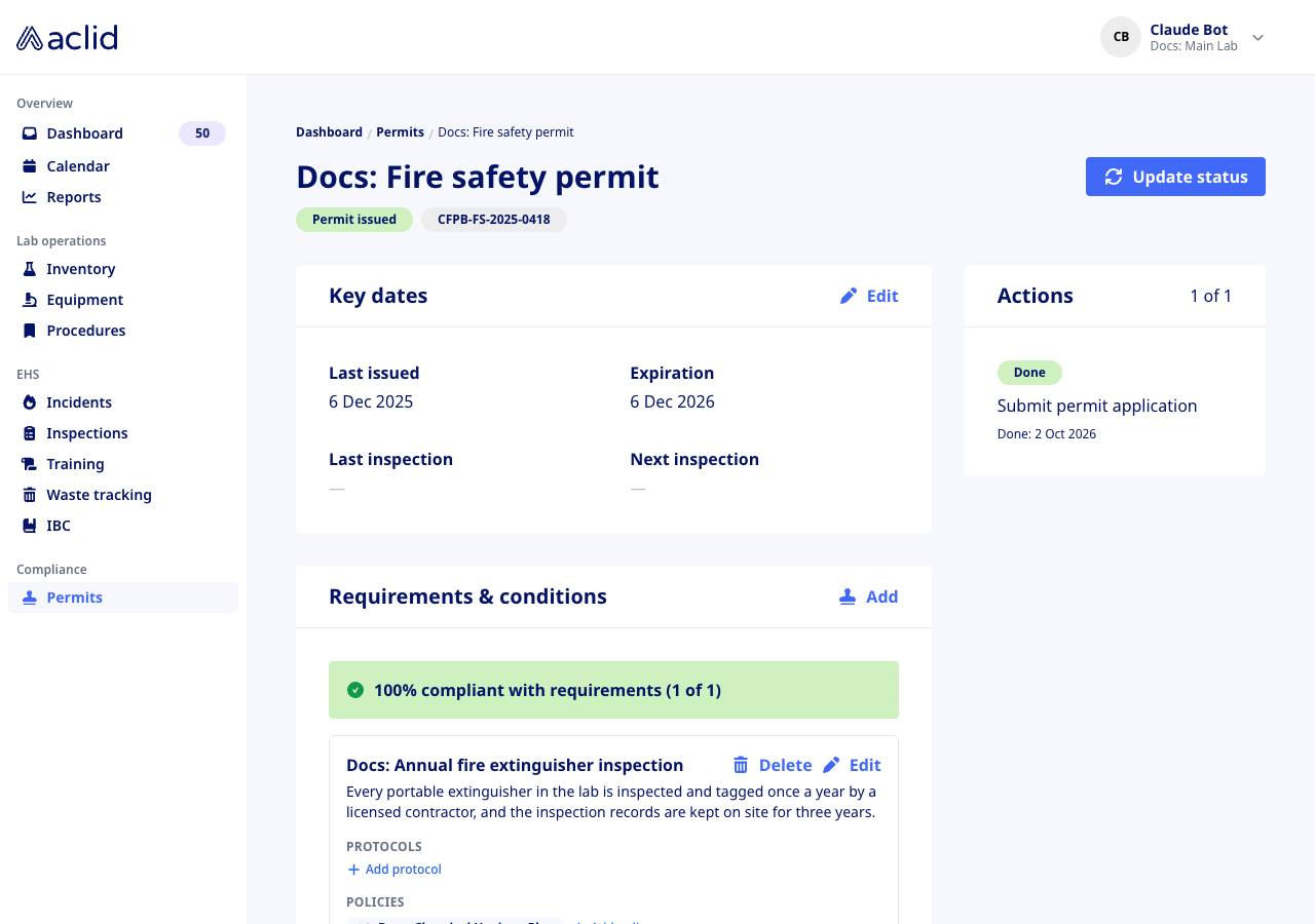 Permit detail page showing Key dates, Requirements & conditions and Actions