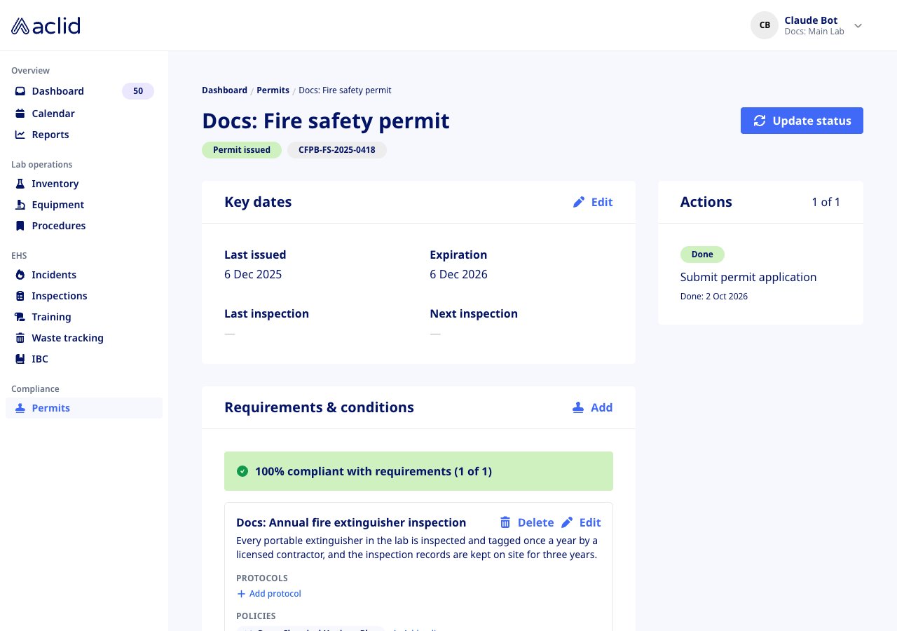 Permit detail page showing Key dates, Requirements & conditions and Actions