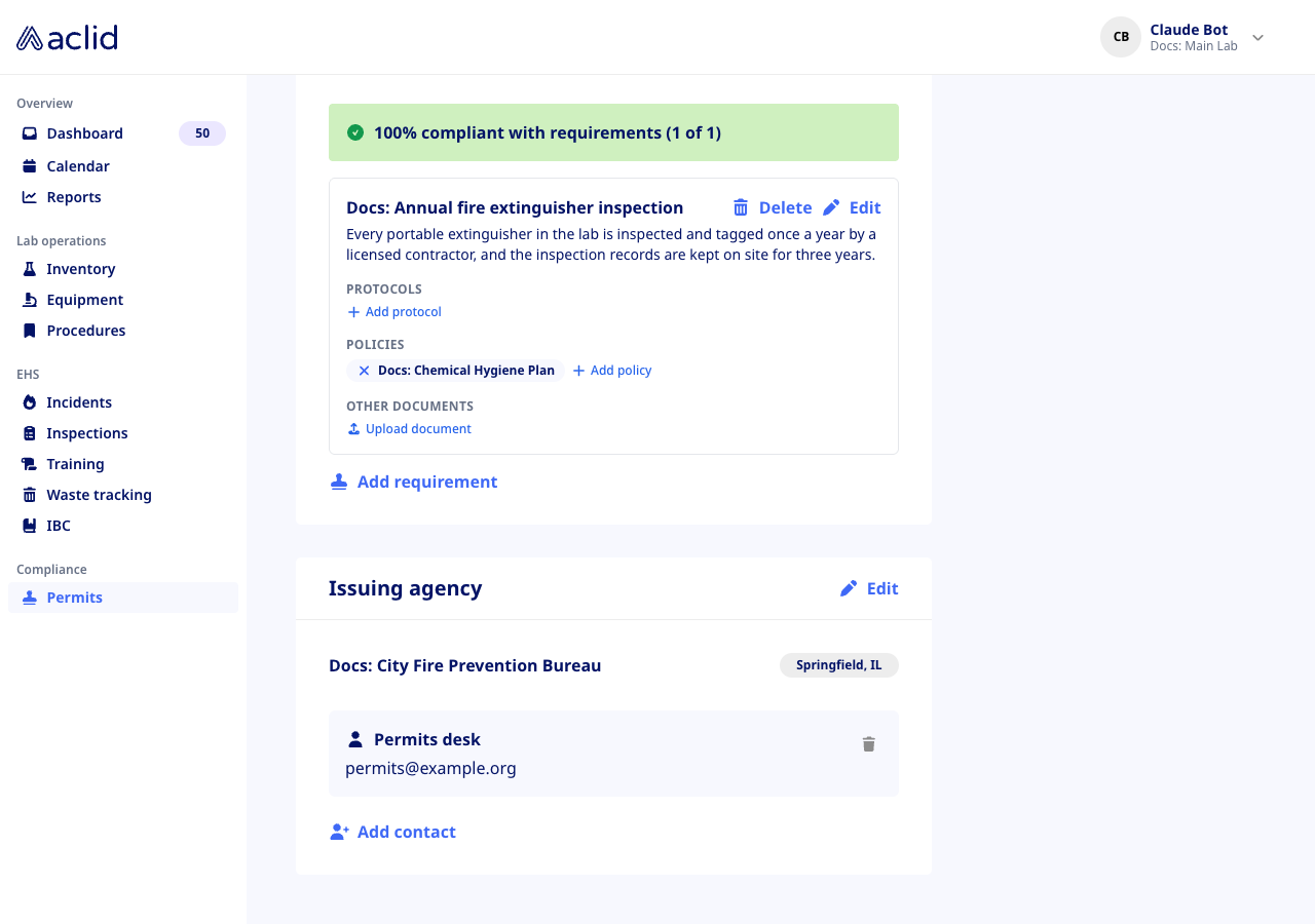 Issuing agency section showing the agency, its location badge, a contact and the Add contact button
