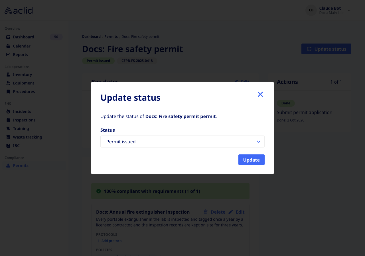 Update status dialog with the Status dropdown