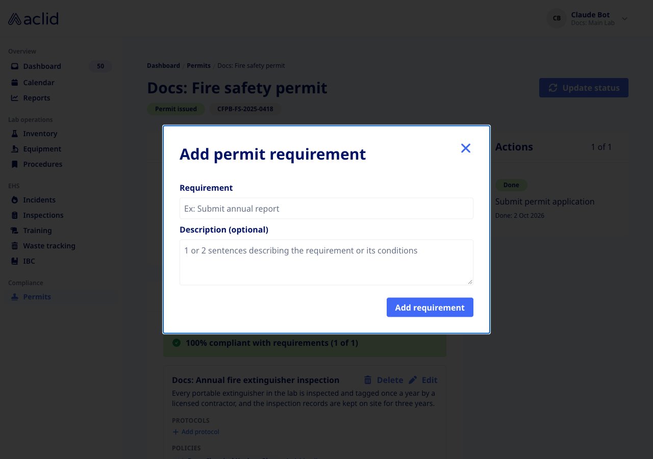 Add permit requirement dialog with Requirement and Description fields
