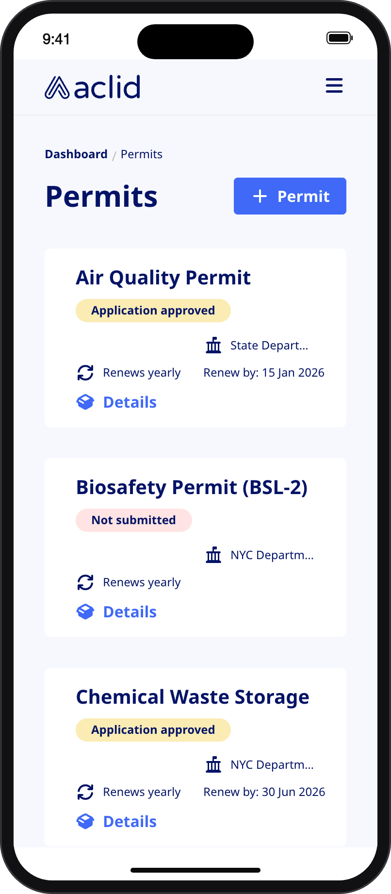 Permits list on a narrow screen