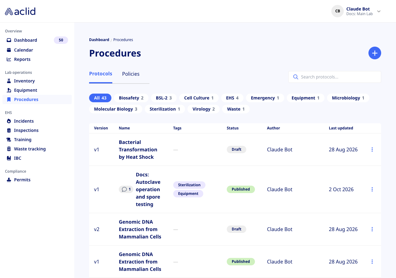 Procedures list on the Protocols tab
