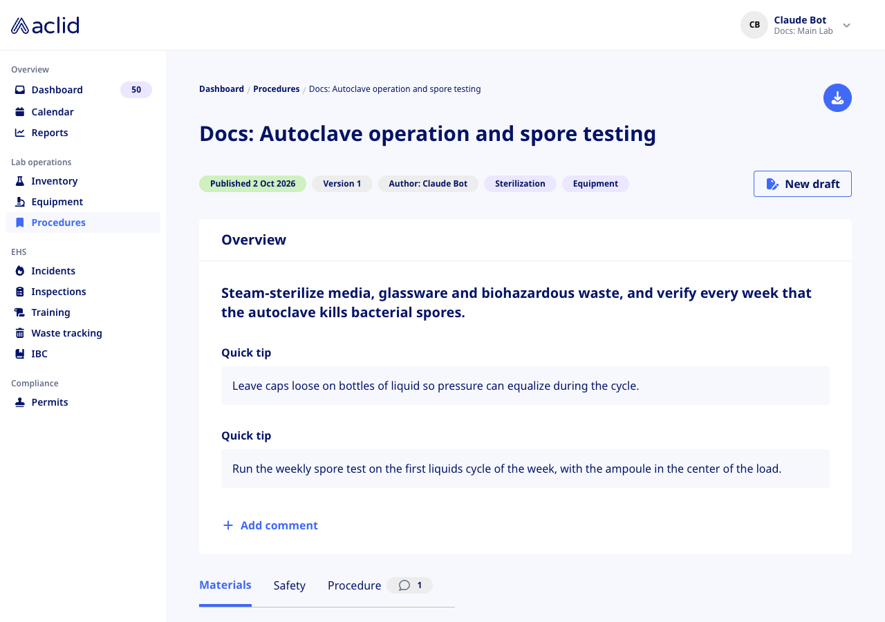 Published protocol page with status badges, tags and the New draft button