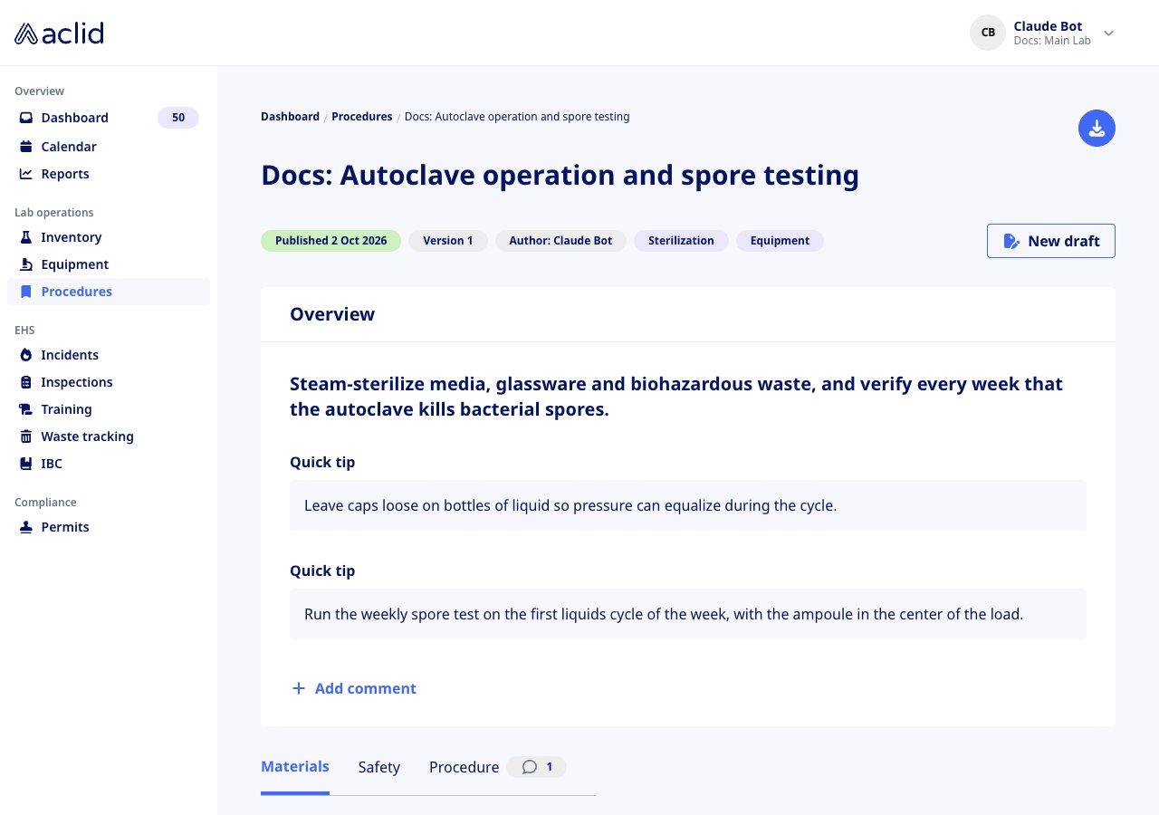 Published protocol page with status badges, tags and the New draft button