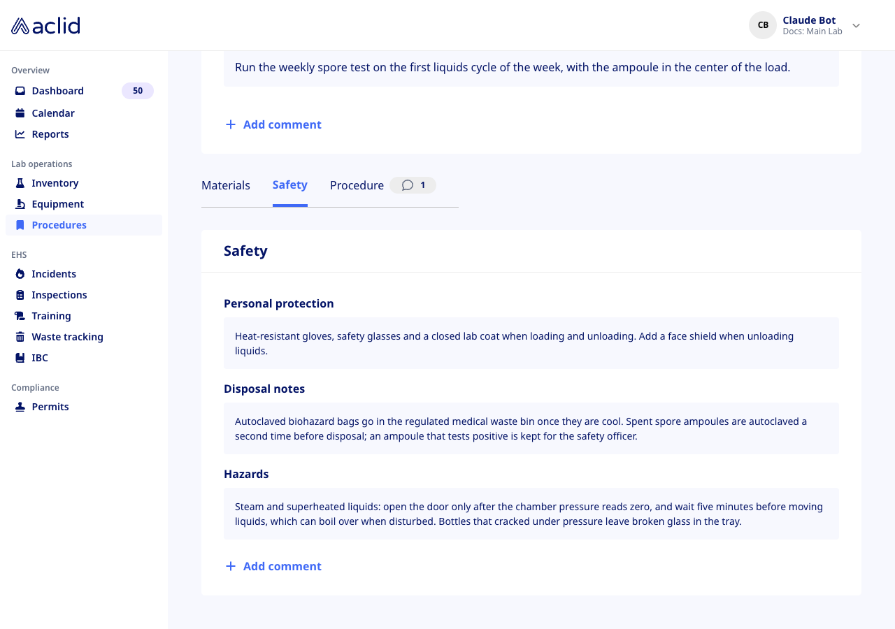 Safety tab showing personal protection, disposal and hazard notes