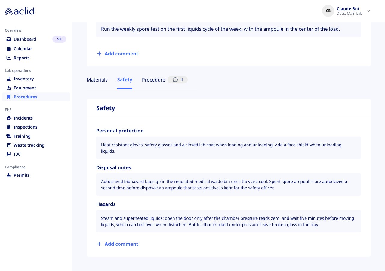 Safety tab showing personal protection, disposal and hazard notes