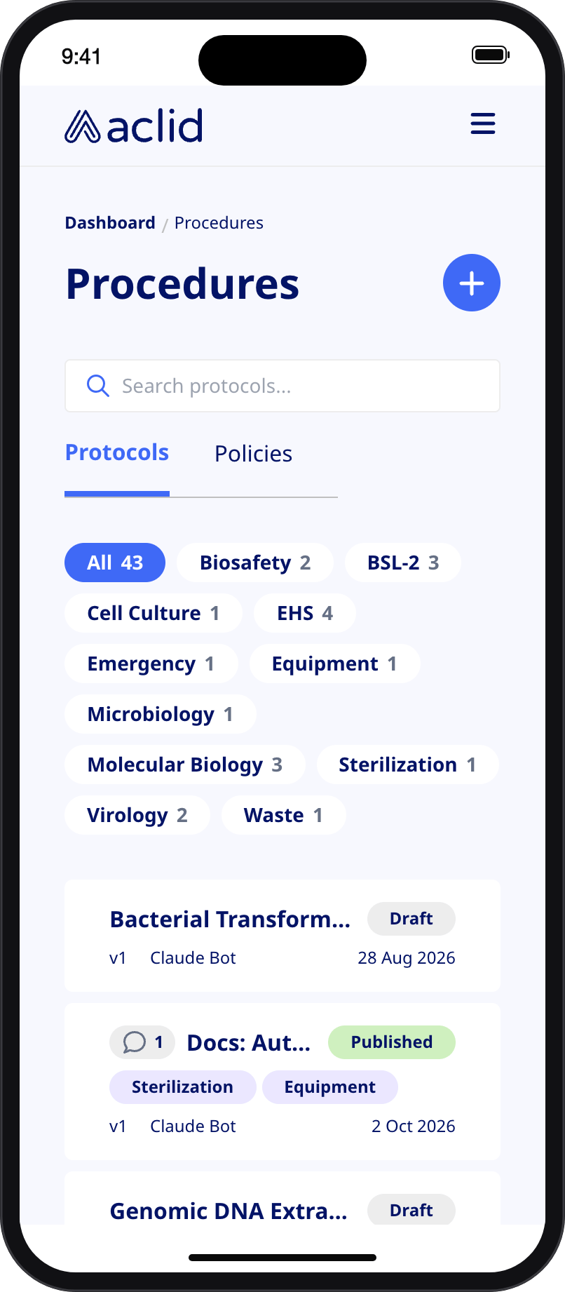 Procedures list on a narrow screen