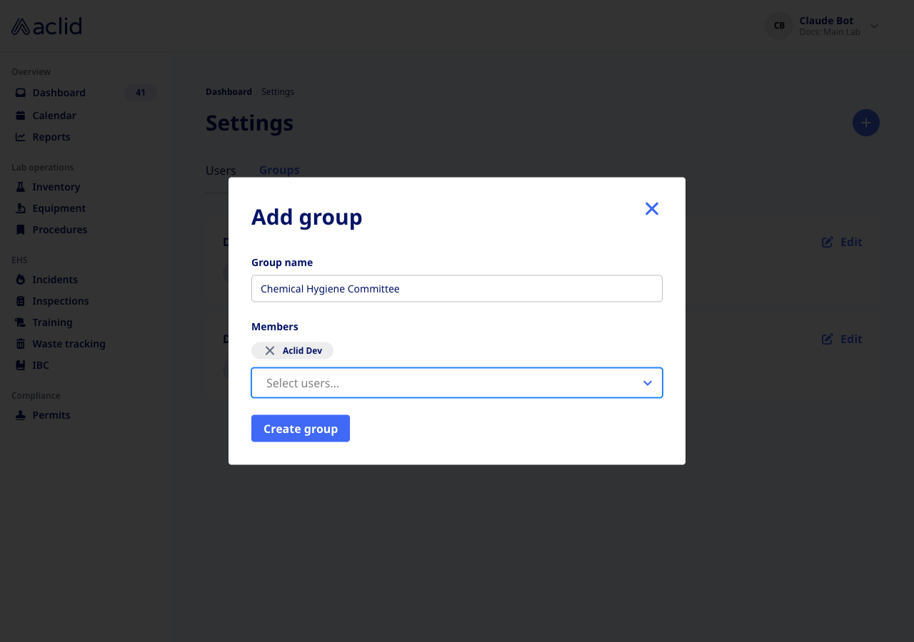 Add group dialog with a group name typed and one member badge