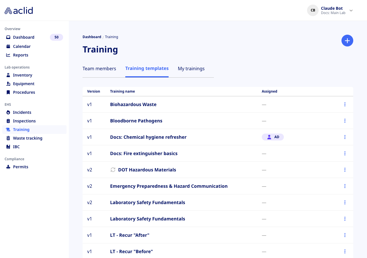 Training templates tab listing templates with version and assignee chips