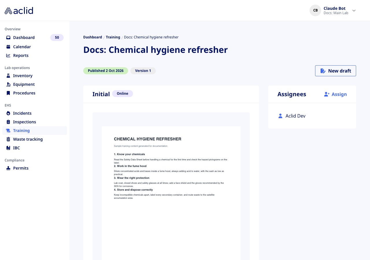 Published training template with Initial content, Published badge and Assignees box