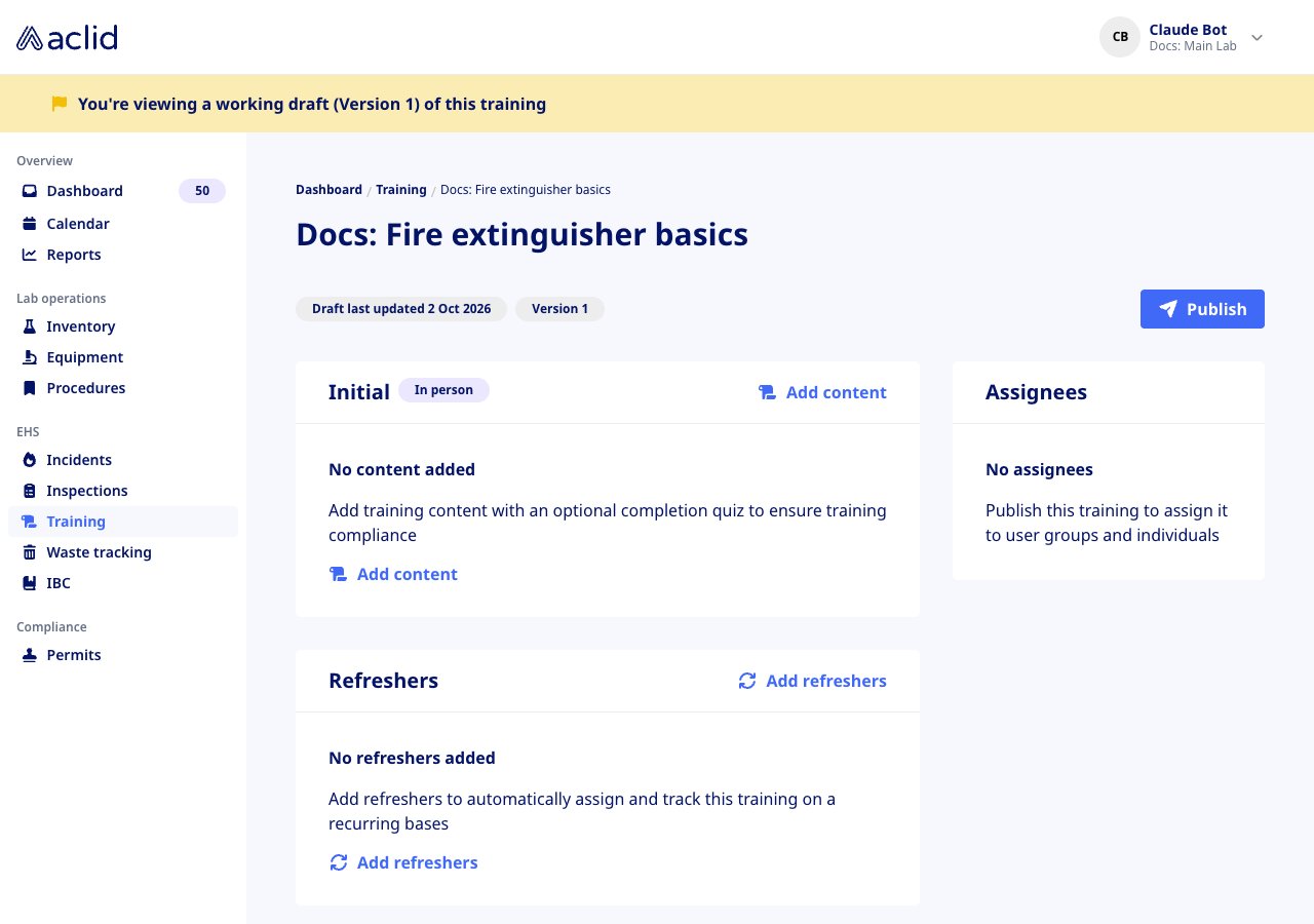 Draft training template with Add content, Add refreshers and Publish