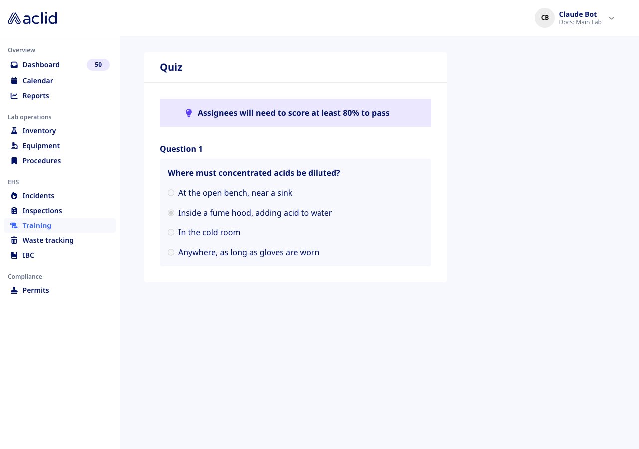 Quiz box with the pass mark note and one multiple-choice question