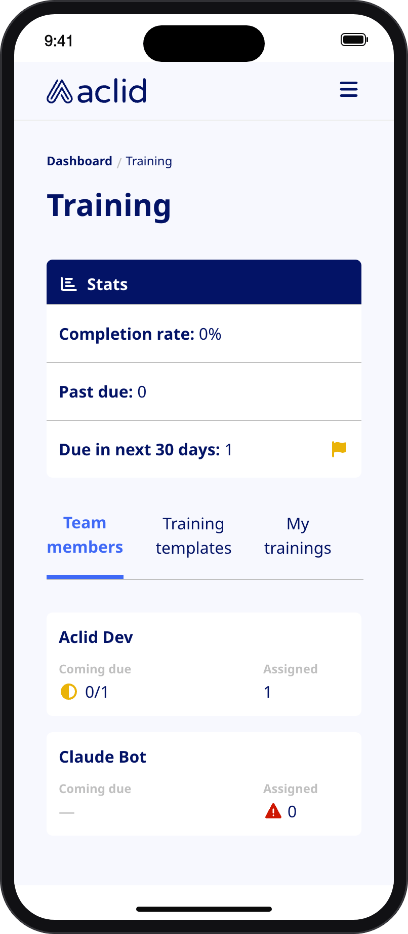 Training page on a narrow screen with Stats and team member cards