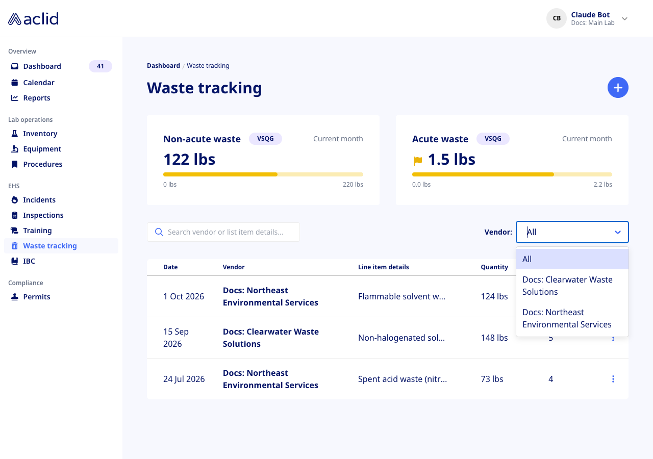 Waste tracking list with the Vendor drop-down open