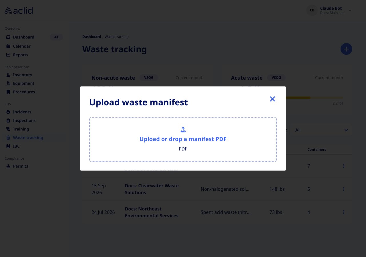 Upload waste manifest dialog with the PDF drop zone