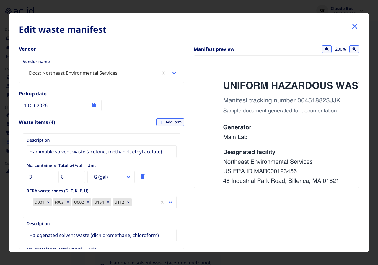Edit waste manifest dialog with the vendor, pickup date, waste items and the PDF preview