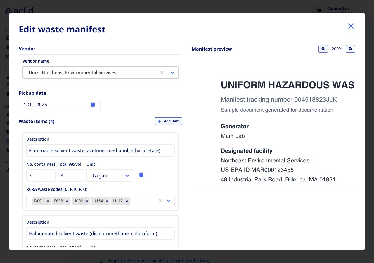 Edit waste manifest dialog with the vendor, pickup date, waste items and the PDF preview