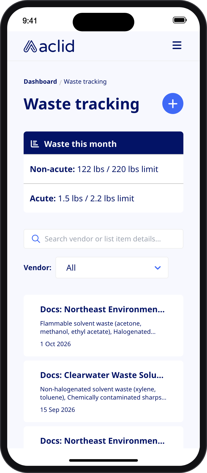 Waste tracking list on a narrow screen