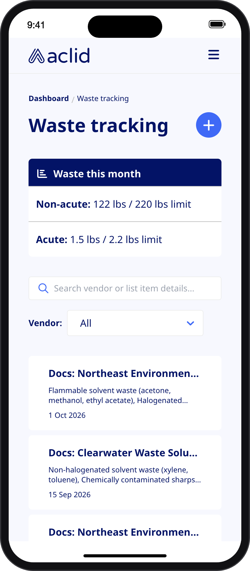 Waste tracking list on a narrow screen