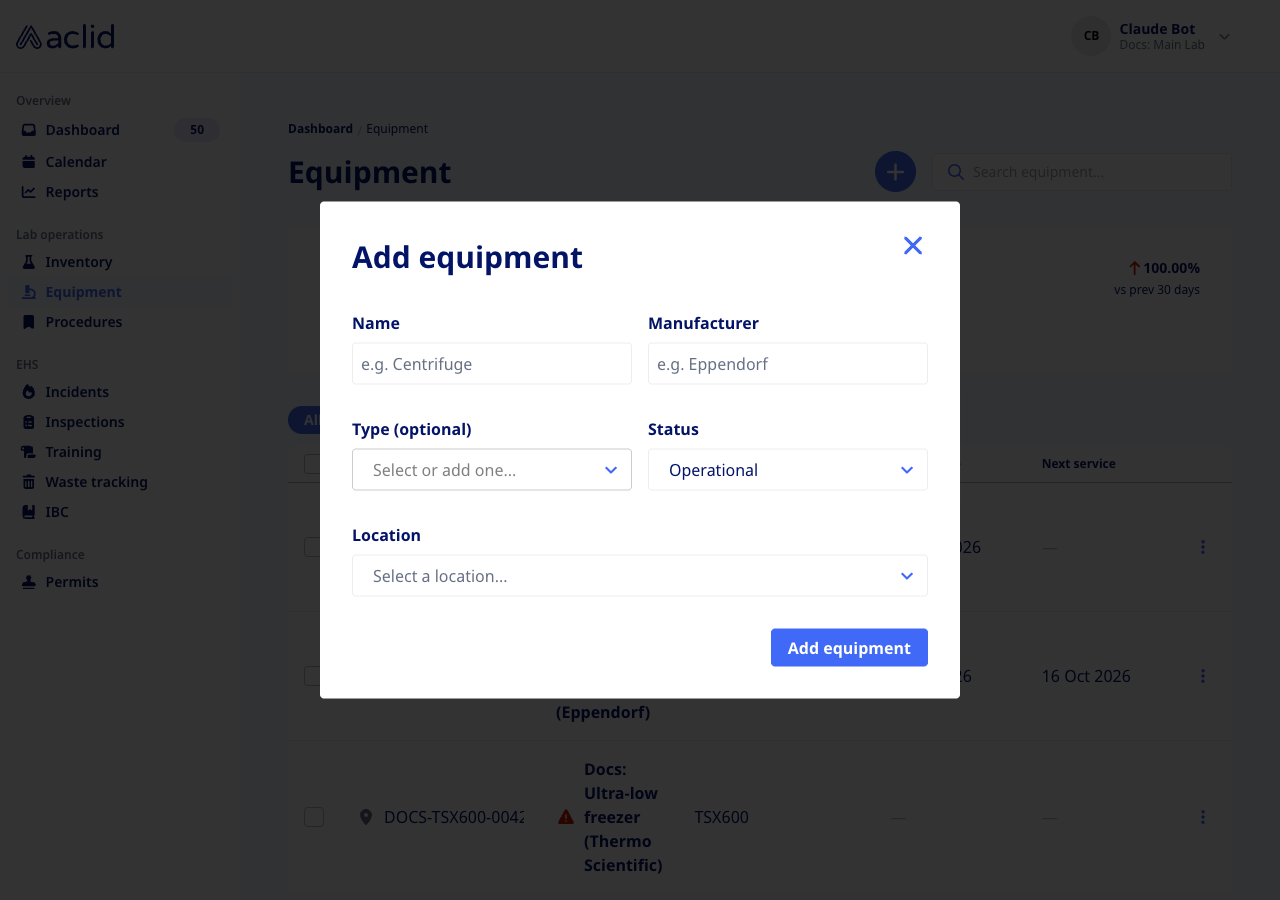 Add equipment dialog with Name, Manufacturer, Type, Status and Location fields