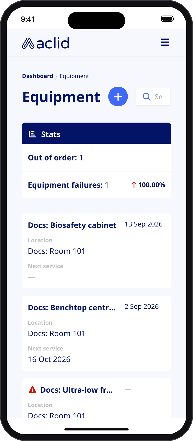 Equipment list on a narrow screen