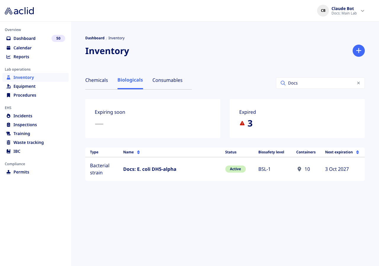 Biologicals tab with status badges and biosafety levels