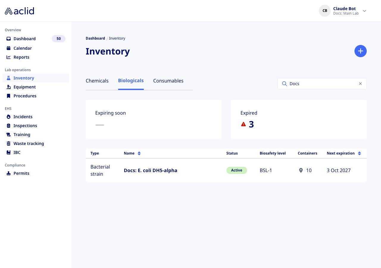 Biologicals tab with status badges and biosafety levels