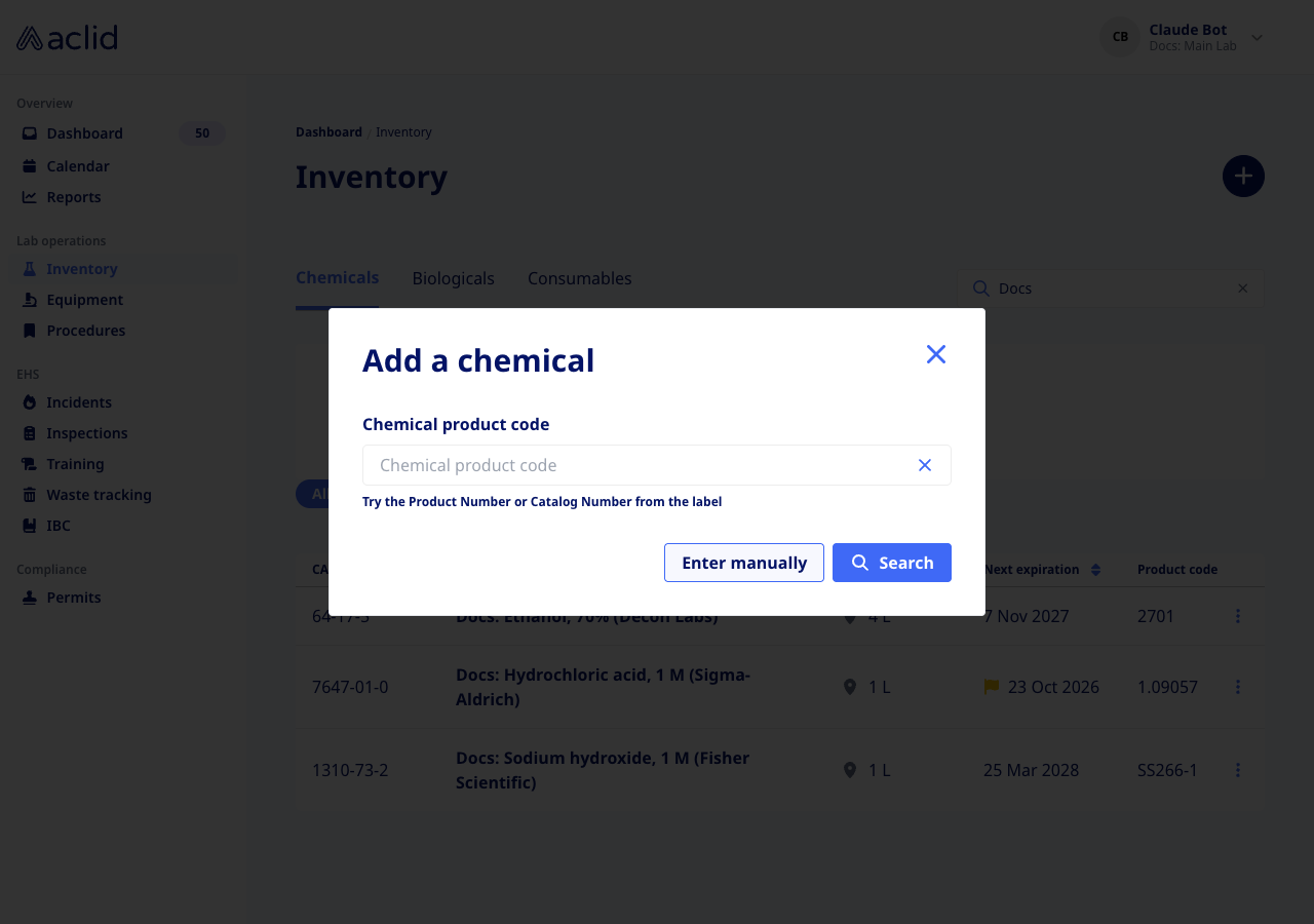 Add a chemical dialog with the product code search