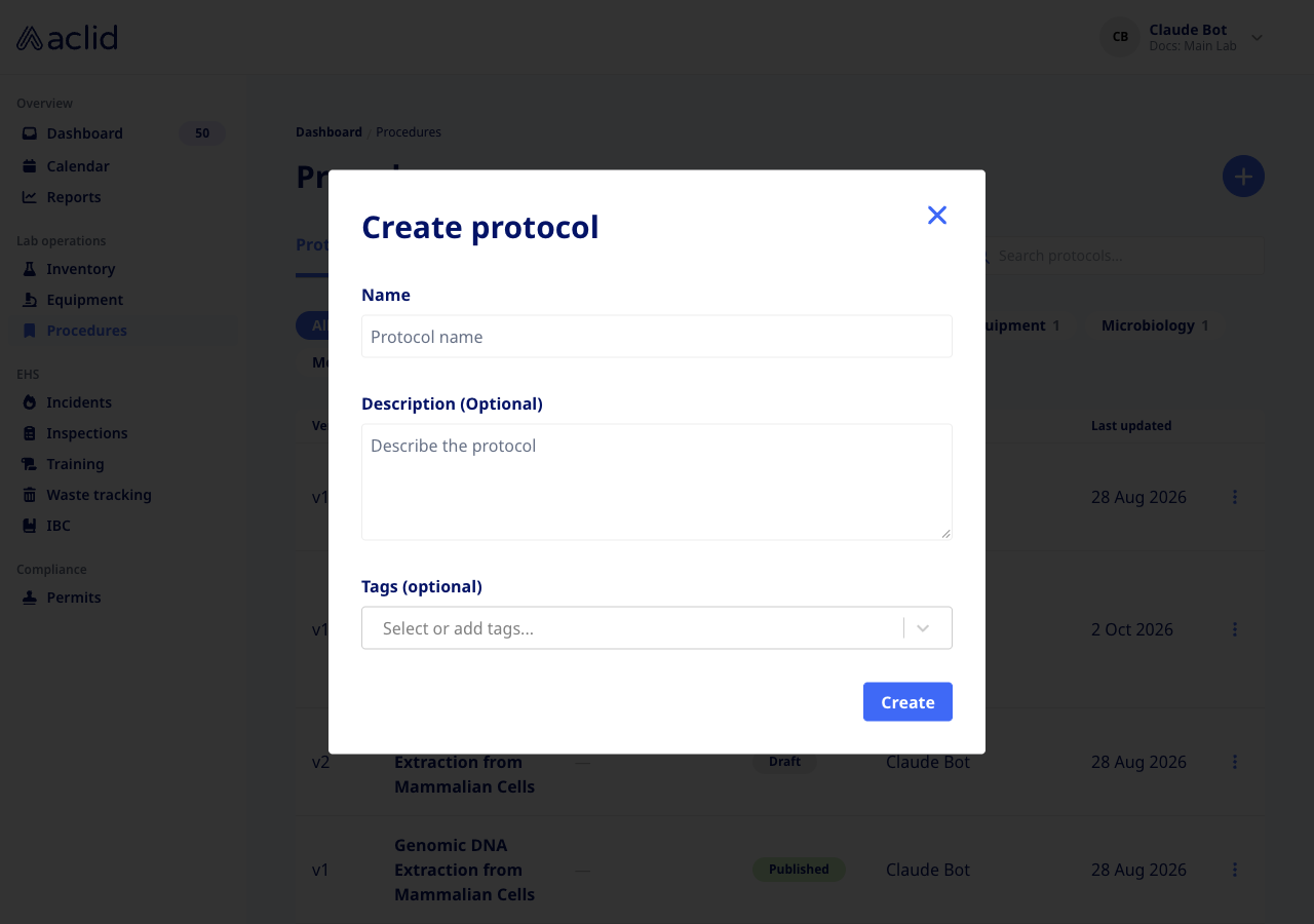 Create protocol modal with Name, Description and Tags