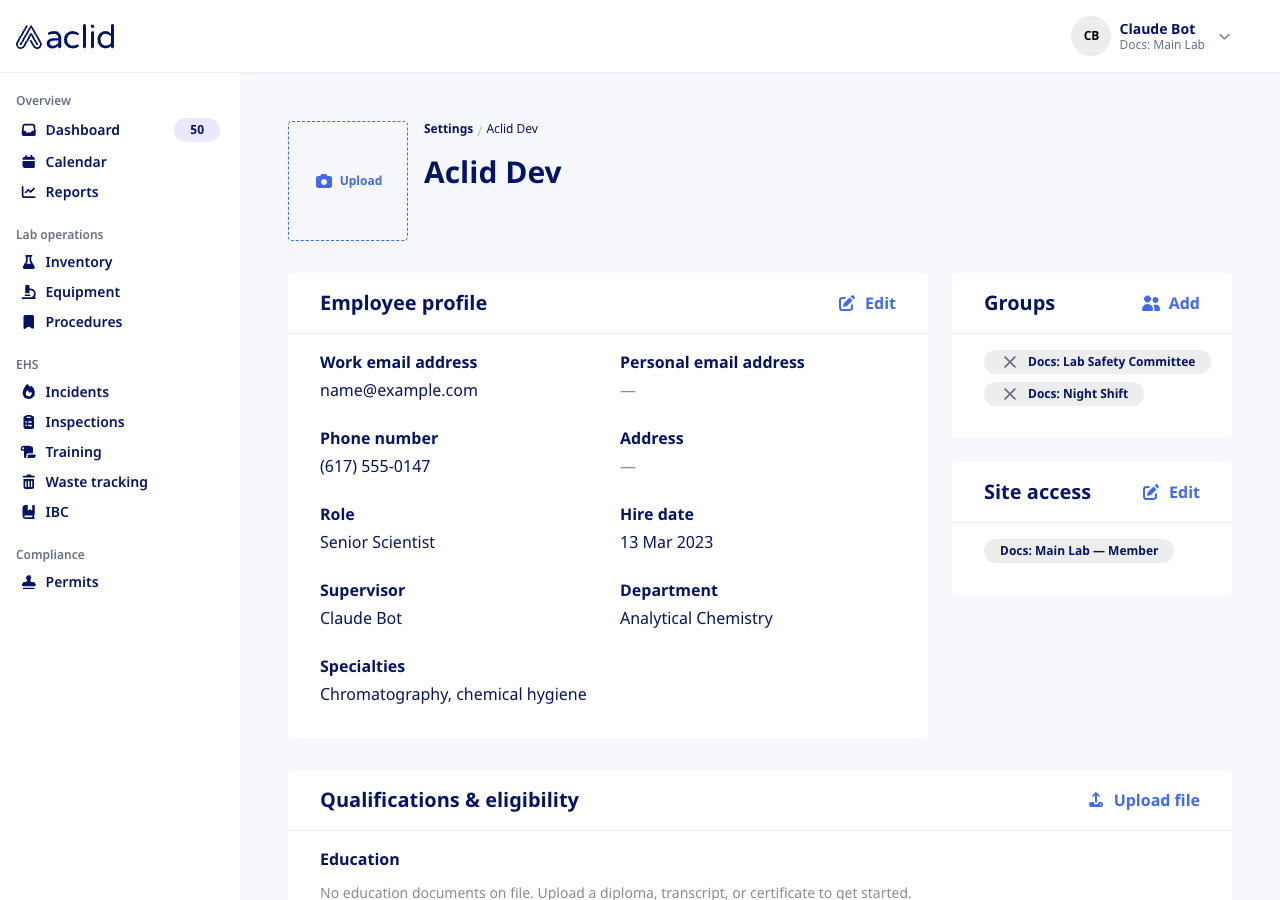 User profile with the Employee profile, Groups and Site access cards