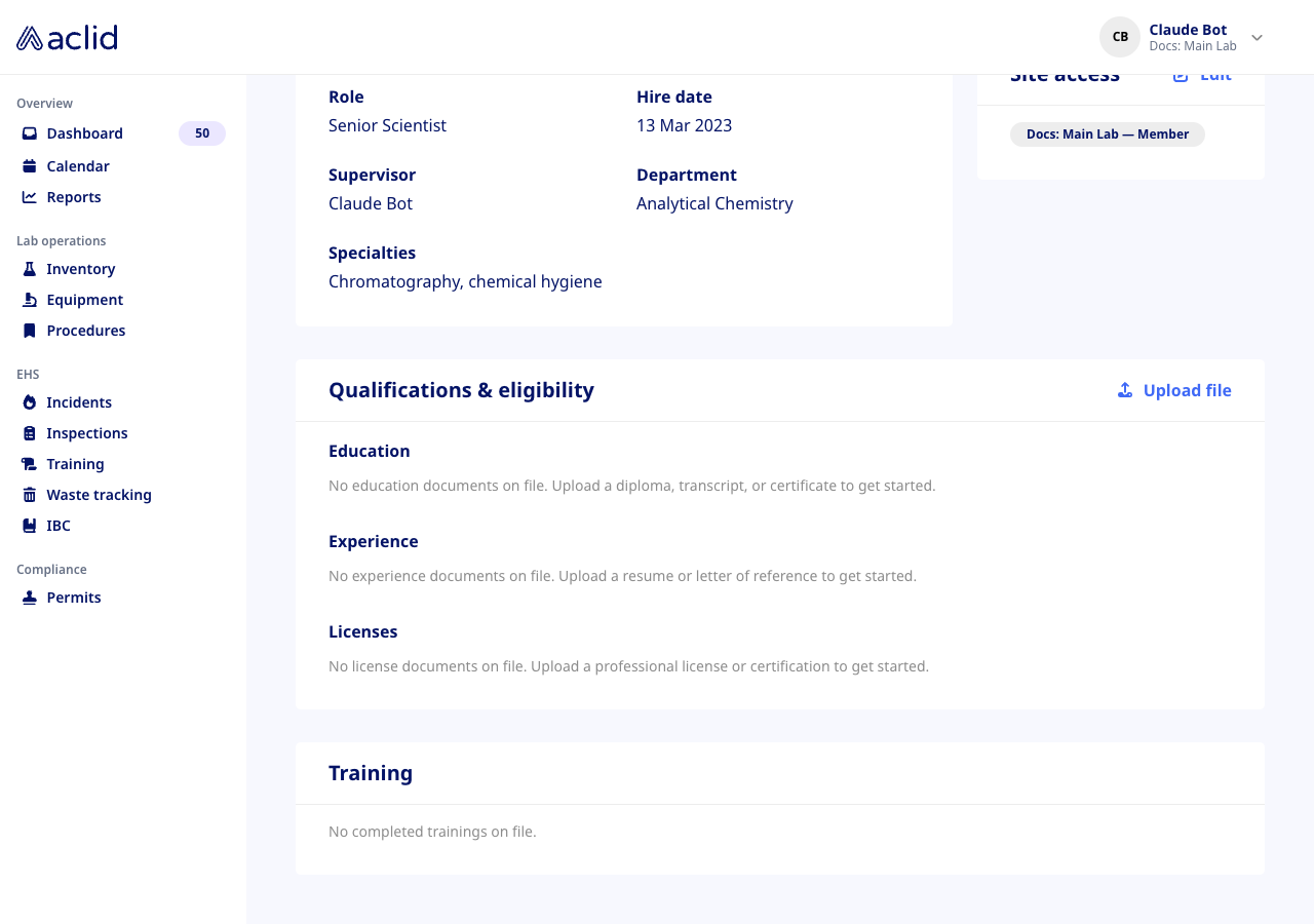 Qualifications & eligibility card with Education, Experience and Licenses, and the Training card