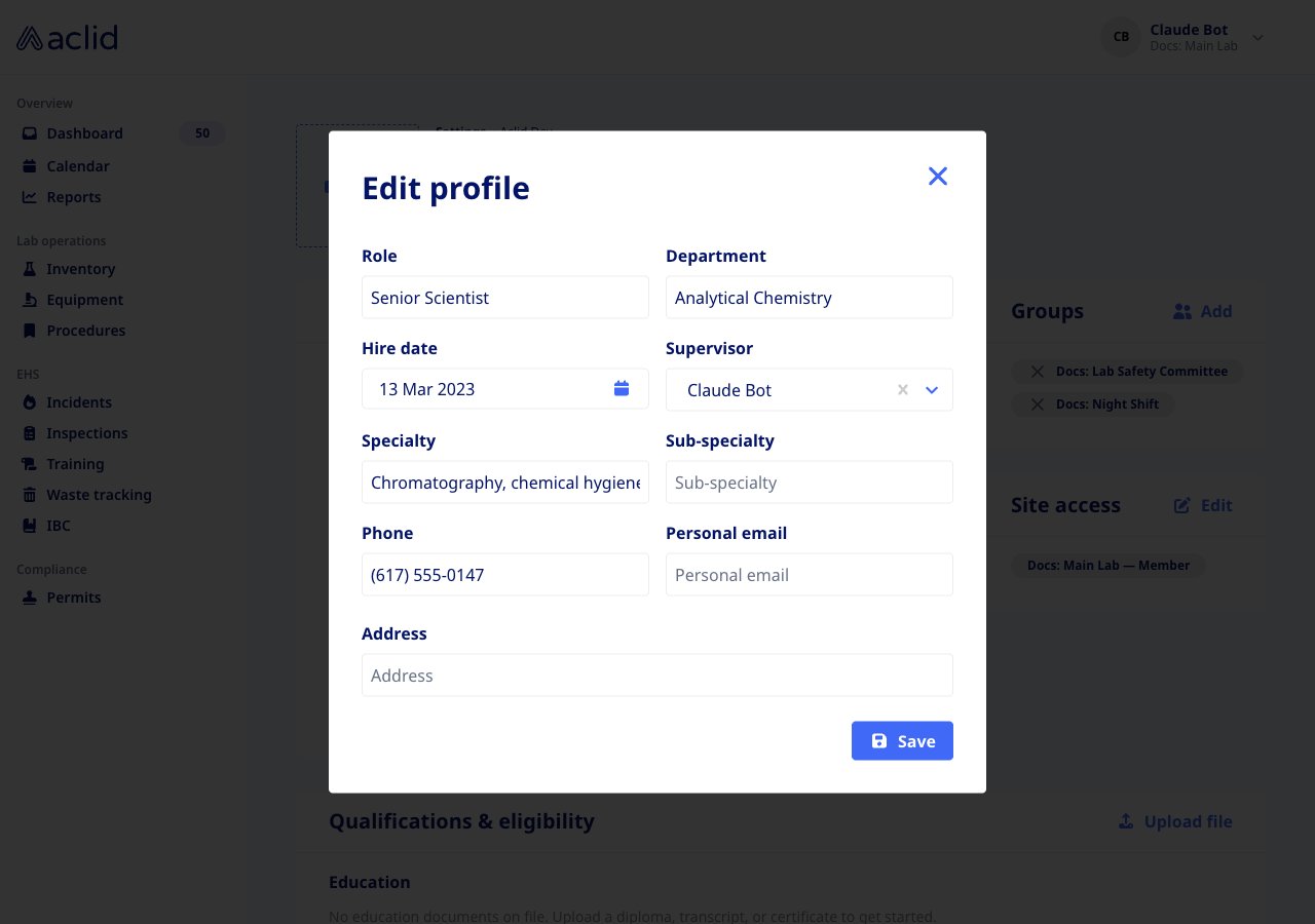 Edit profile dialog with role, department, hire date, supervisor, specialty, phone, email and address fields