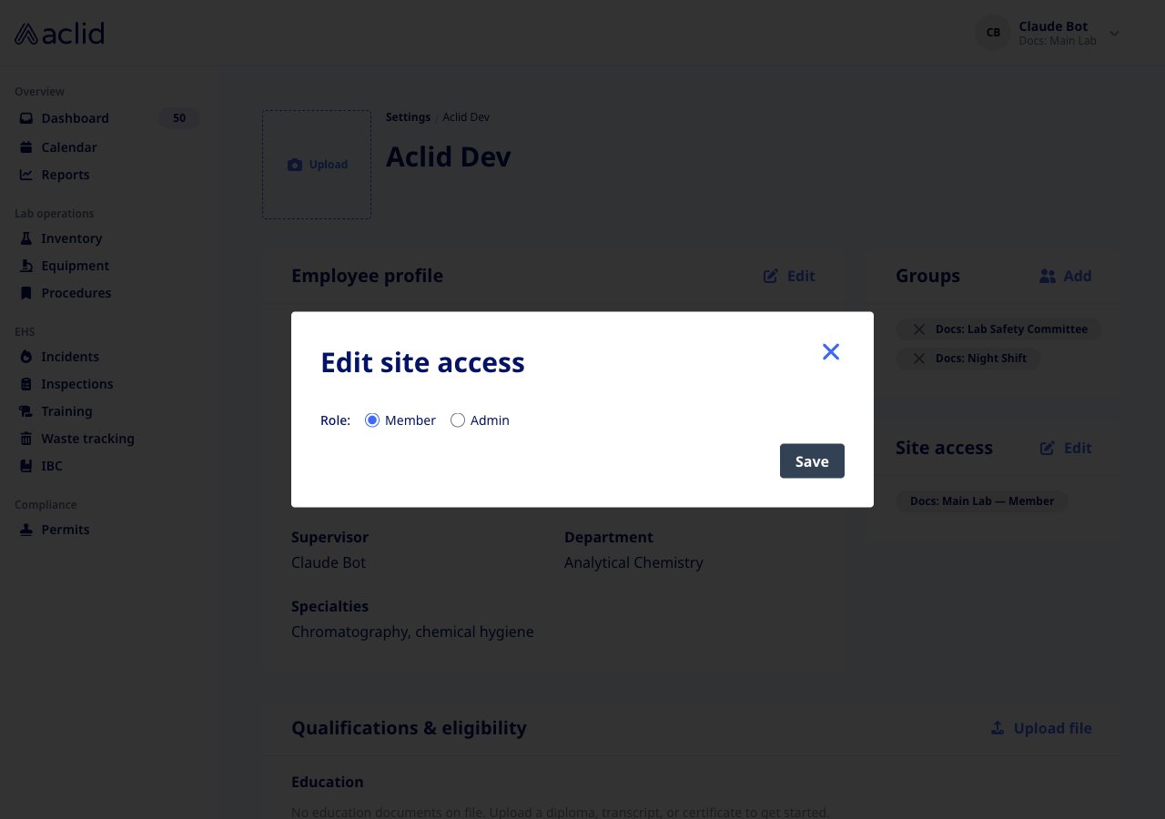 Edit site access dialog with Member and Admin role options