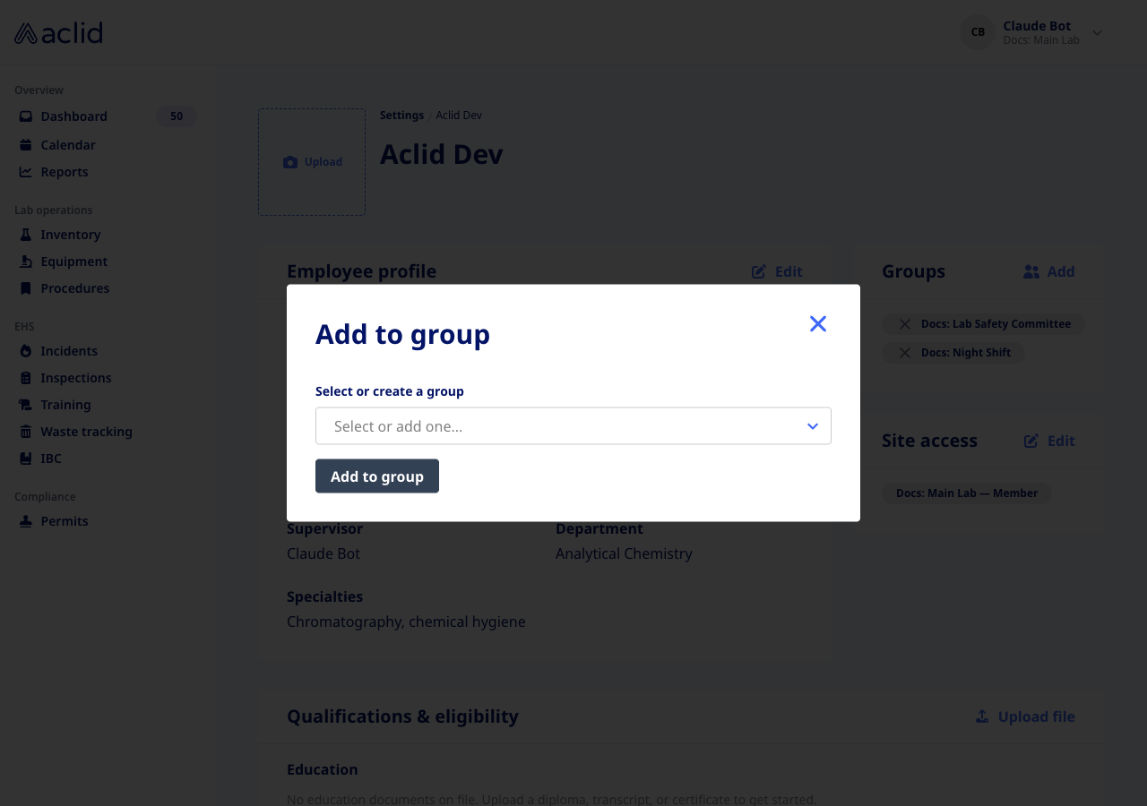 Add to group dialog with the Select or create a group field