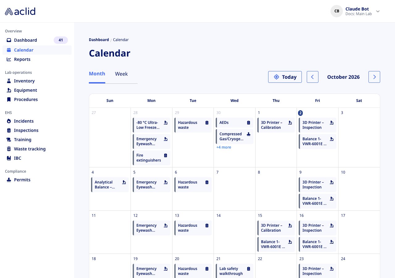 Calendar month view with event chips