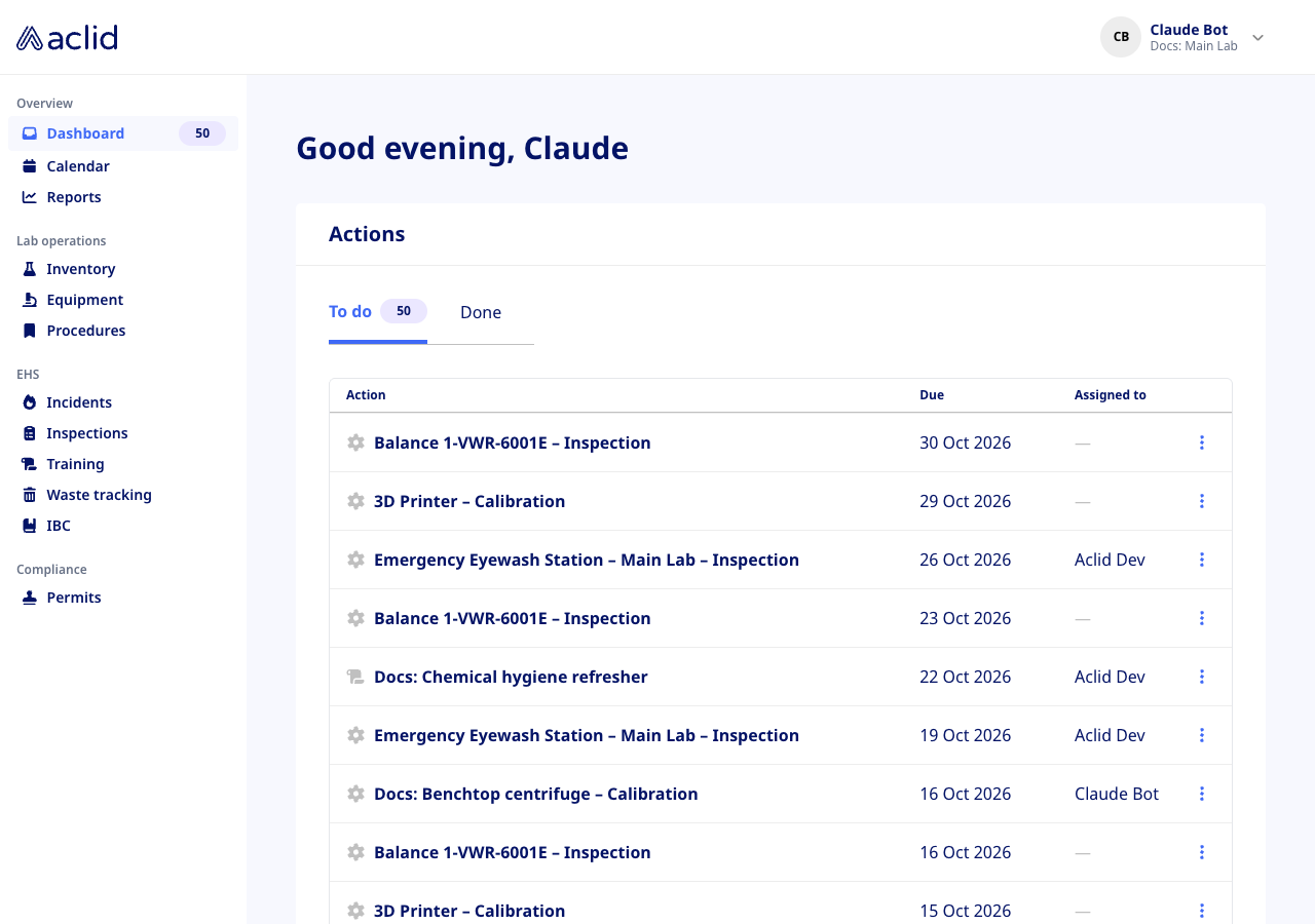 Dashboard with the Actions card open on the To do tab